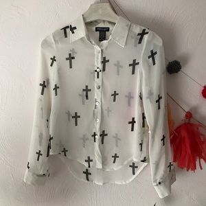 About a Girl white sheer button-up with crosses XS